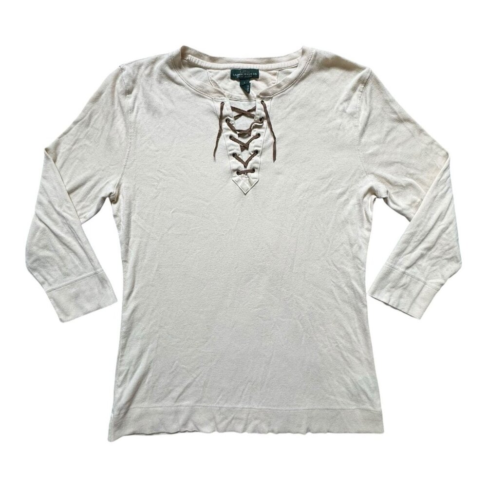 Lauren Jeans Co Ralph Lauren Lace-Up Top Beige Cotton 3/4 Sleeve Women’s L
